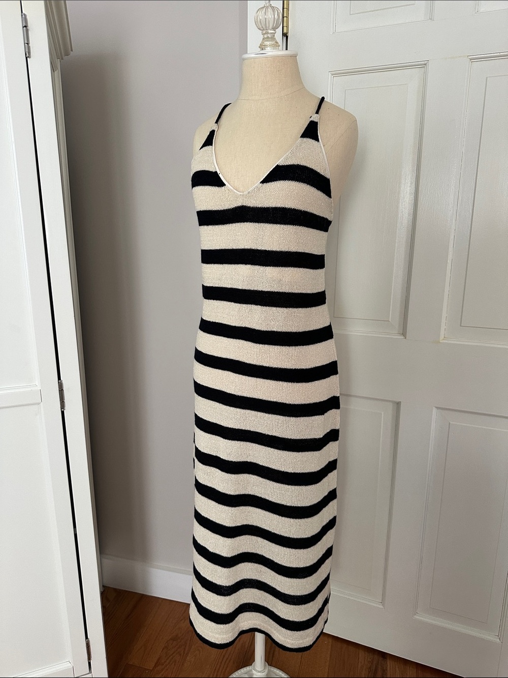 Striped Knit Slip Dress - Black & Cream